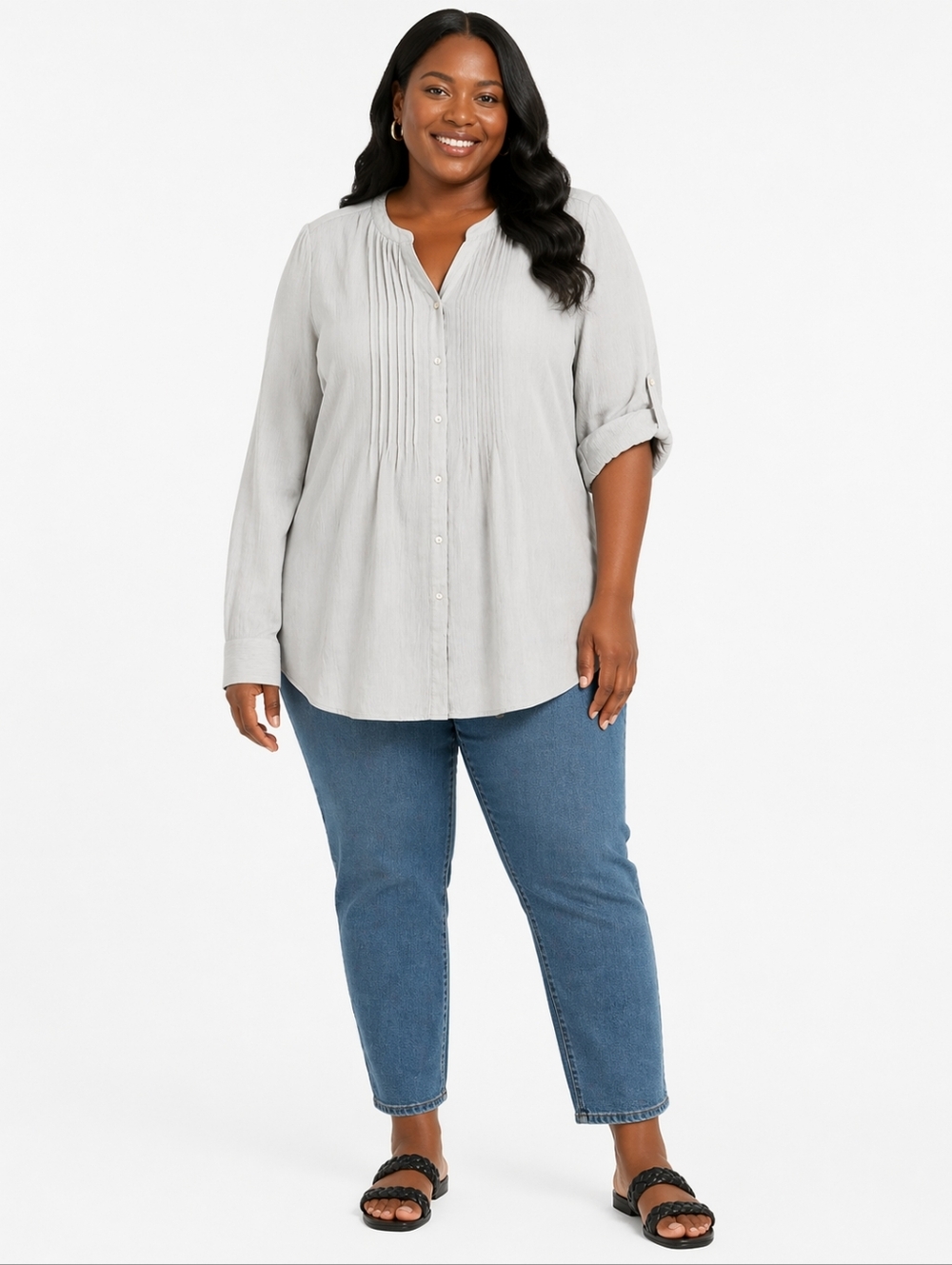 Plus Size Light Gray Pintucked Button-Front Tunic Blouse Size 3X - Picture 3 of 7